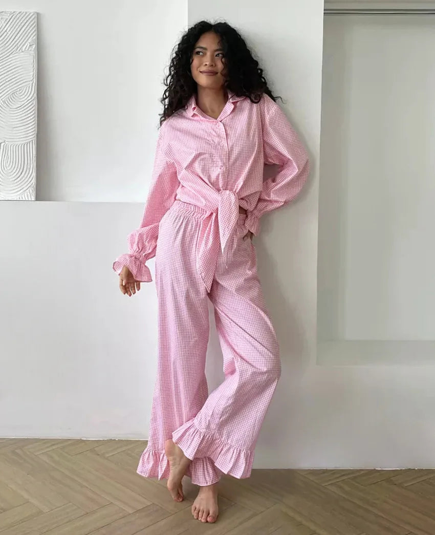 Luna Elegant Pink Pajama Set with Bow and Ruffle Details