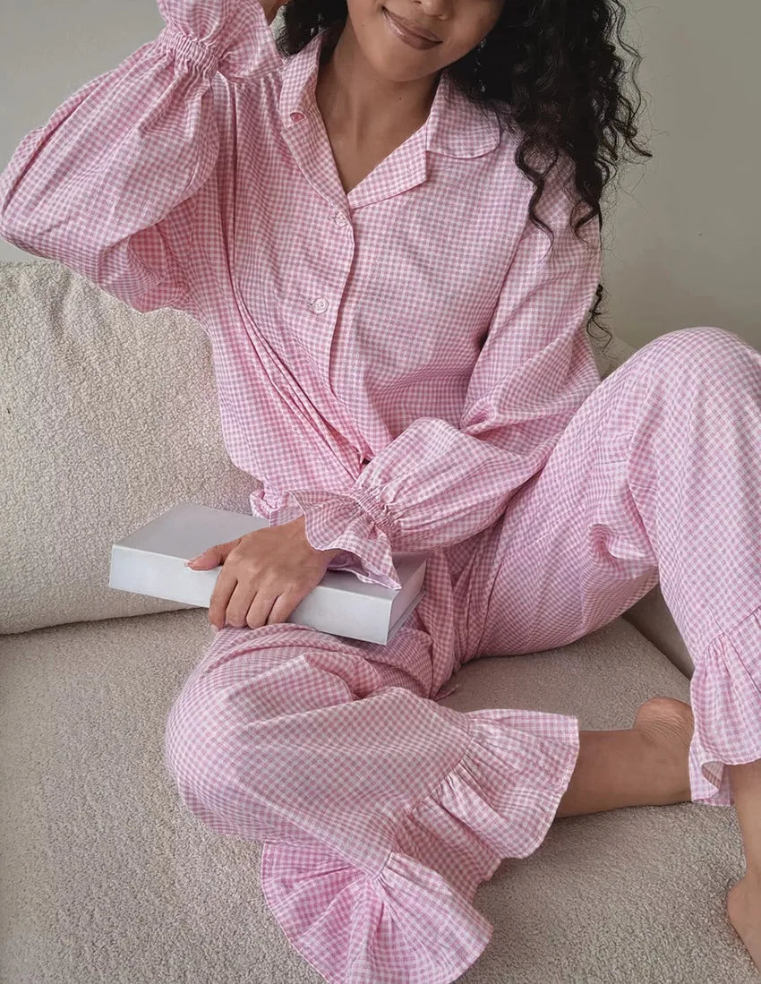 Luna Elegant Pink Pajama Set with Bow and Ruffle Details