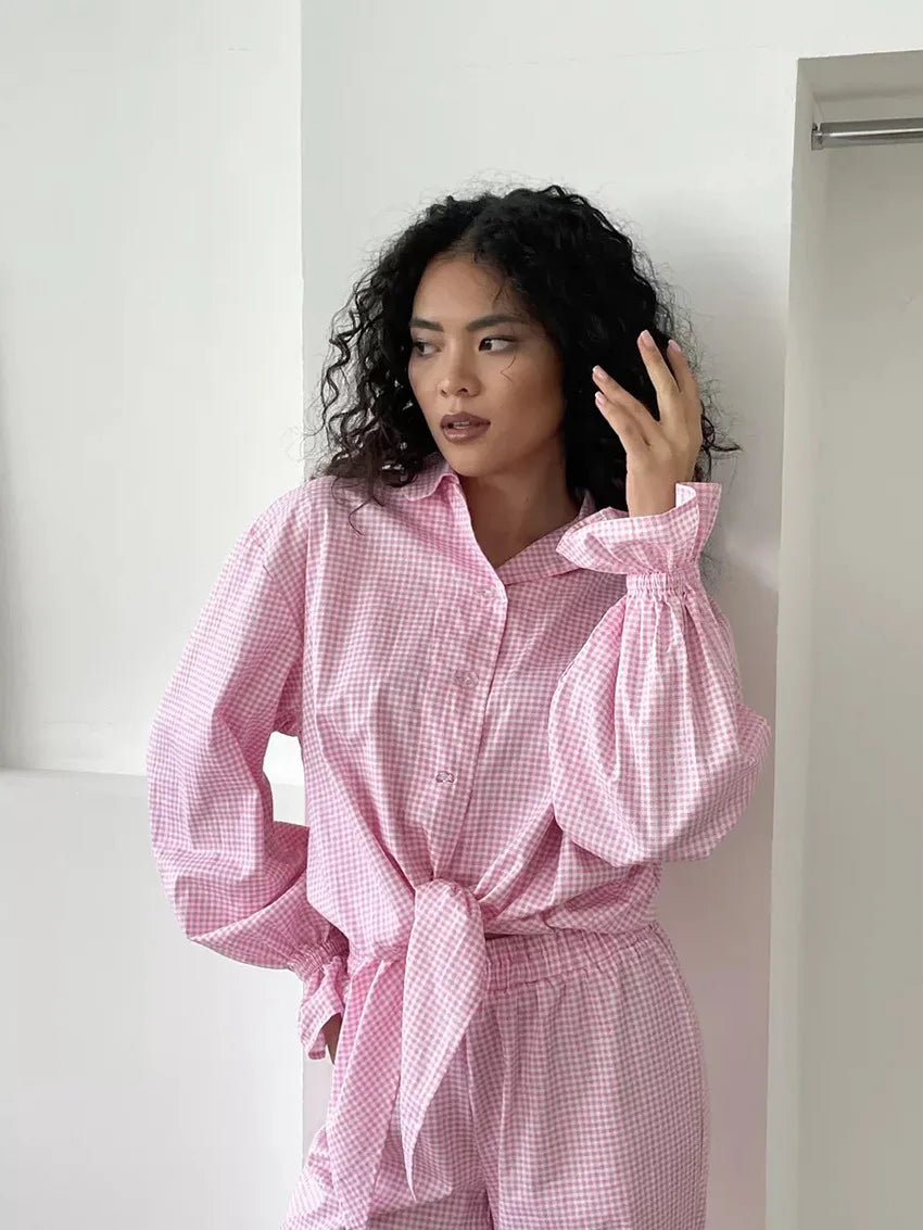 Luna Elegant Pink Pajama Set with Bow and Ruffle Details