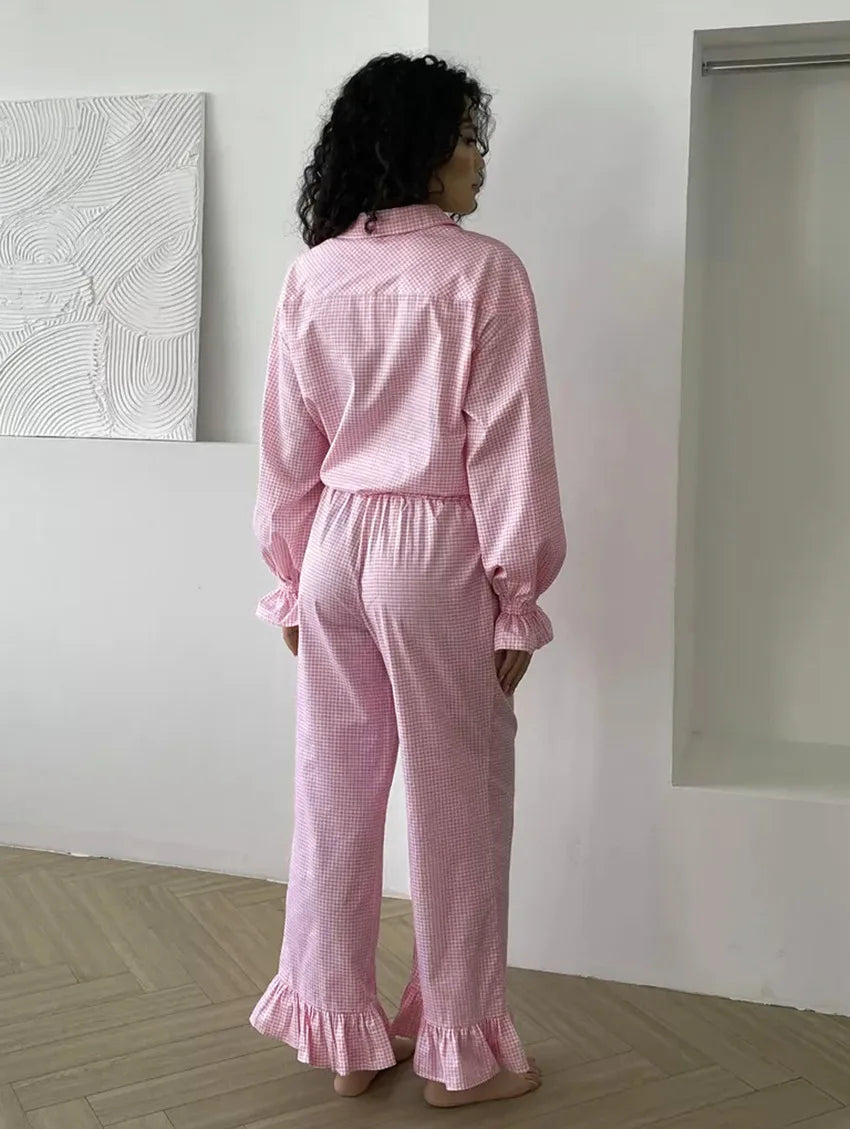 Luna Elegant Pink Pajama Set with Bow and Ruffle Details