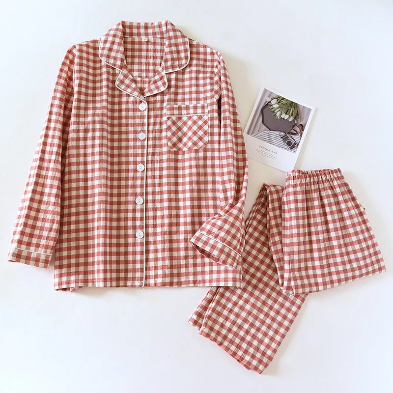 Couple Pajama Set 100% Cotton Men's and Women's Plaid Long Sleeve Two Piece