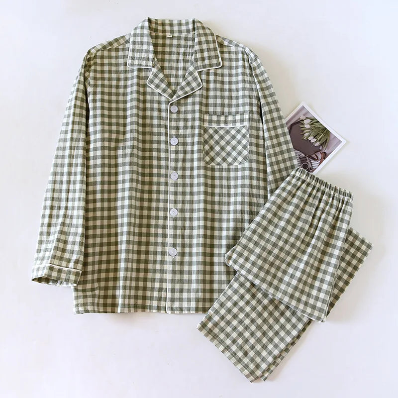 Couple Pajama Set 100% Cotton Men's and Women's Plaid Long Sleeve Two Piece