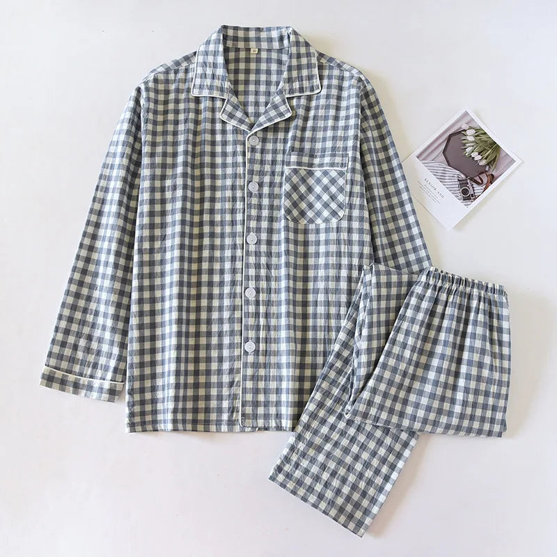 Couple Pajama Set 100% Cotton Men's and Women's Plaid Long Sleeve Two Piece