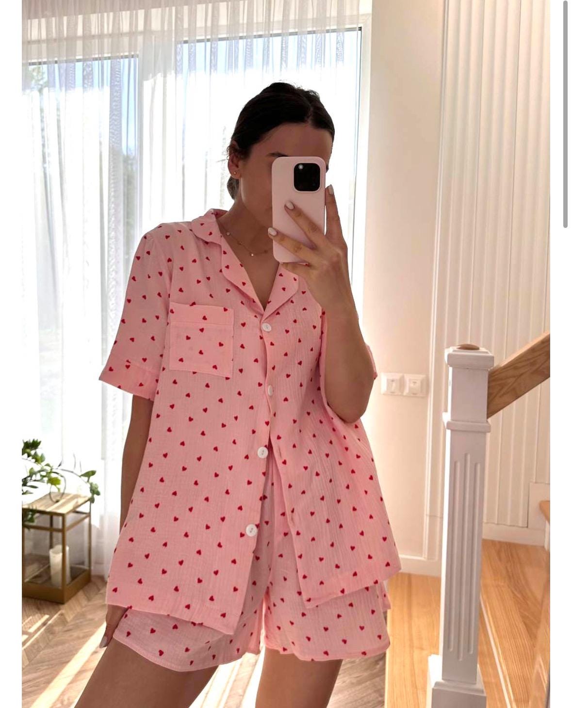 Cotton sleepwear Organic Cotton Set Crinkle cotton pajamas Bridal Bachelorette pajama set Muslin cotton loungewear Double gauze pink pajama