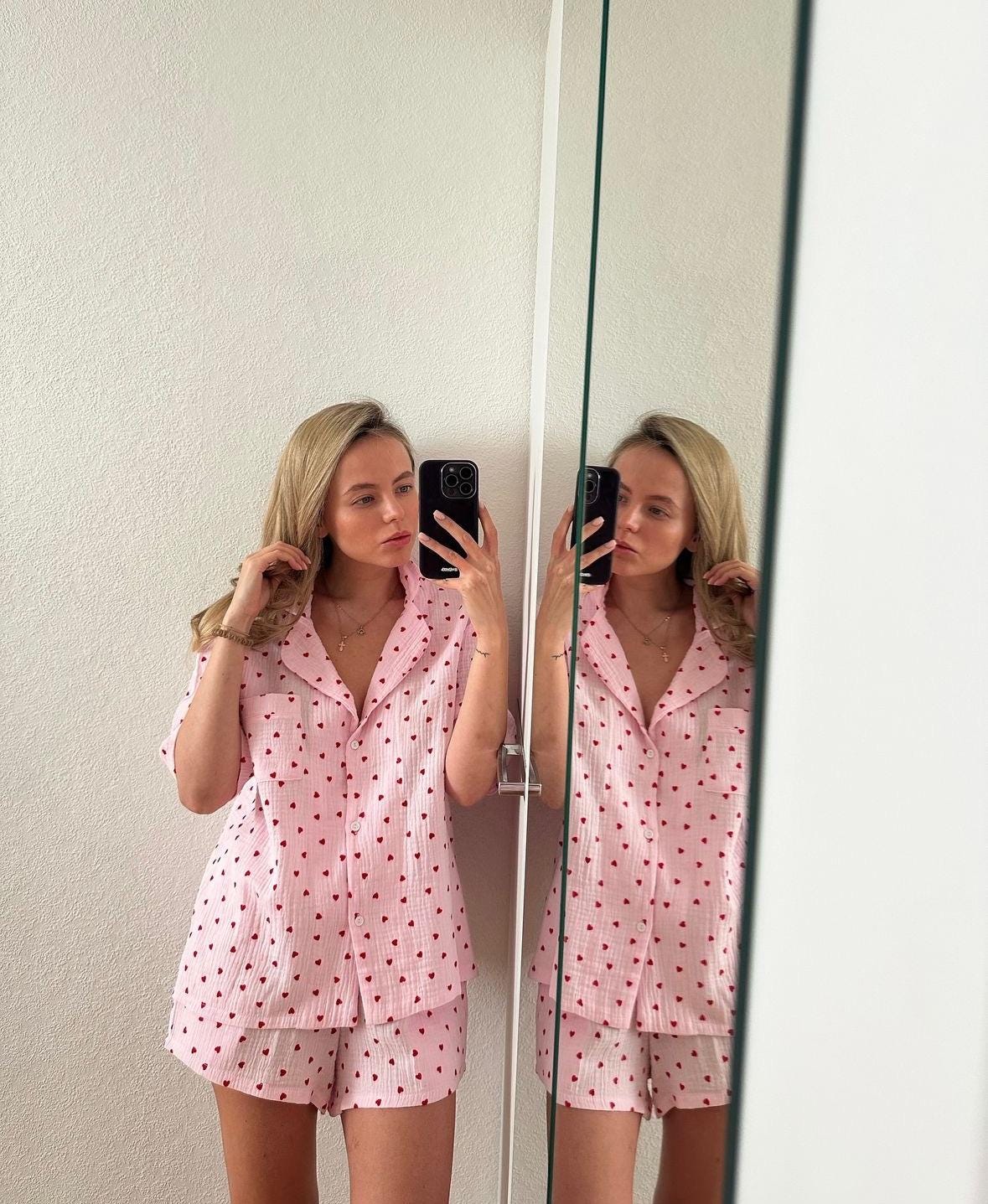 Cotton sleepwear Organic Cotton Set Crinkle cotton pajamas Bridal Bachelorette pajama set Muslin cotton loungewear Double gauze pink pajama
