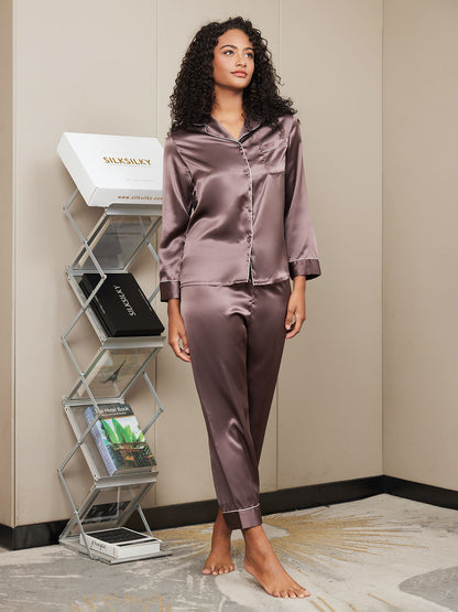 Binding Trim Long Sleeve Pure Silk Pajamas Set