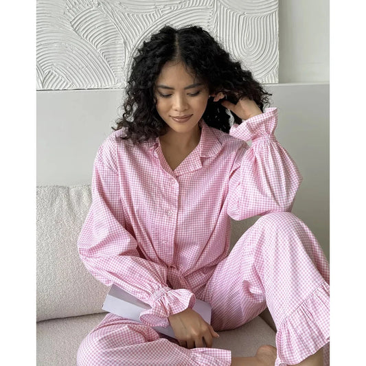 Luna Elegant Pink Pajama Set with Bow and Ruffle Details