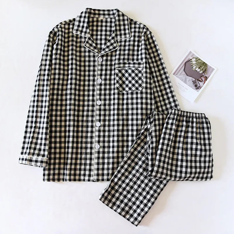 Couple Pajama Set 100% Cotton Men's and Women's Plaid Long Sleeve Two Piece