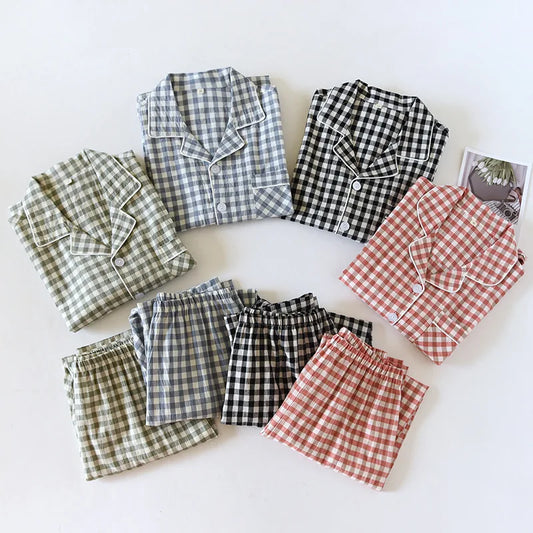 Couple Pajama Set 100% Cotton Men's and Women's Plaid Long Sleeve Two Piece