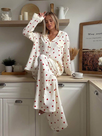 Cozy Heart-Print Pajamas - Romantic and Relaxed Style 100% Cotton Long Sleeve