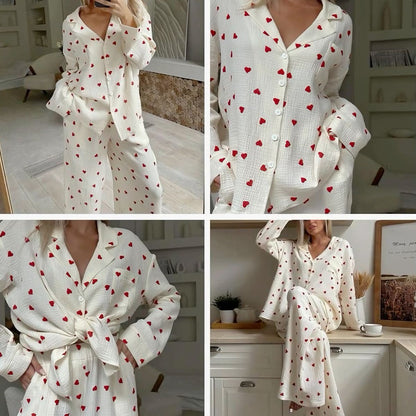 Cozy Heart-Print Pajamas - Romantic and Relaxed Style 100% Cotton Long Sleeve