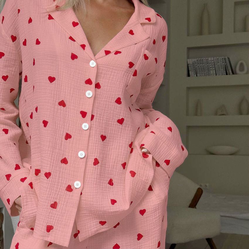 Cozy Heart-Print Pajamas - Romantic and Relaxed Style 100% Cotton Long Sleeve