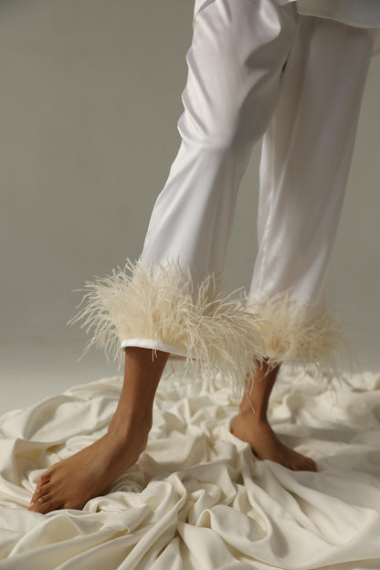 White bride pajama set Bridesmaid pajama set Tencel pajamas with feather Bridal party pajama Summer women pants pajama set