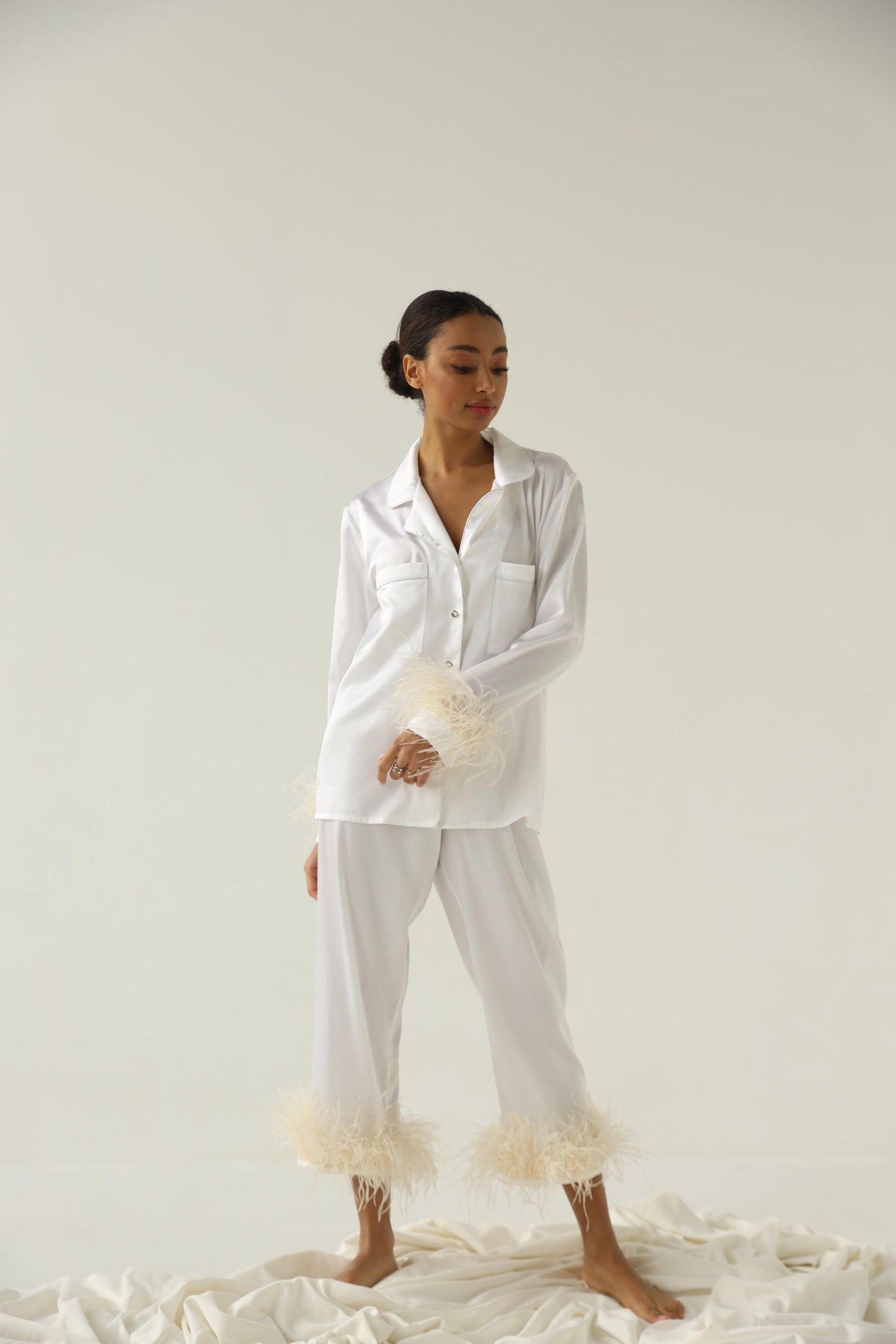 White bride pajama set Bridesmaid pajama set Tencel pajamas with feather Bridal party pajama Summer women pants pajama set