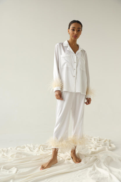 White bride pajama set Bridesmaid pajama set Tencel pajamas with feather Bridal party pajama Summer women pants pajama set