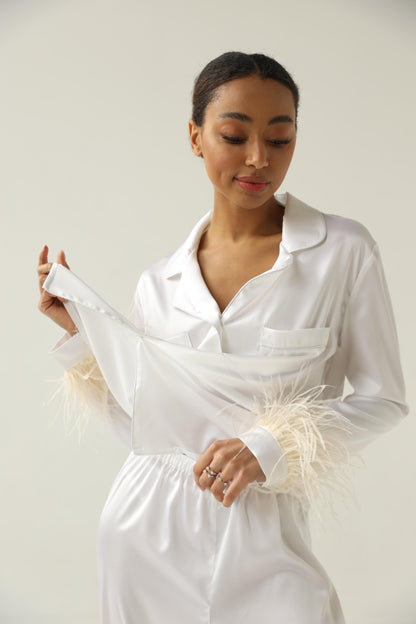 White bride pajama set Bridesmaid pajama set Tencel pajamas with feather Bridal party pajama Summer women pants pajama set