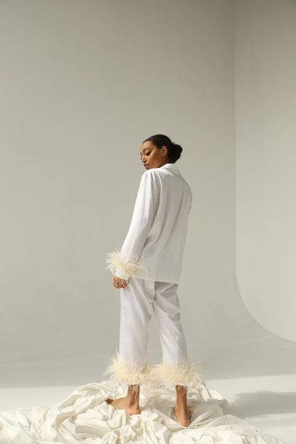 White bride pajama set Bridesmaid pajama set Tencel pajamas with feather Bridal party pajama Summer women pants pajama set