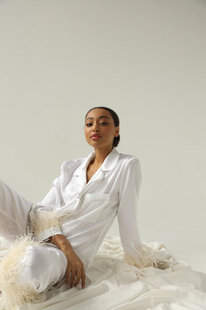 White bride pajama set Bridesmaid pajama set Tencel pajamas with feather Bridal party pajama Summer women pants pajama set