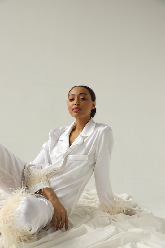 White bride pajama set Bridesmaid pajama set Tencel pajamas with feather Bridal party pajama Summer women pants pajama set